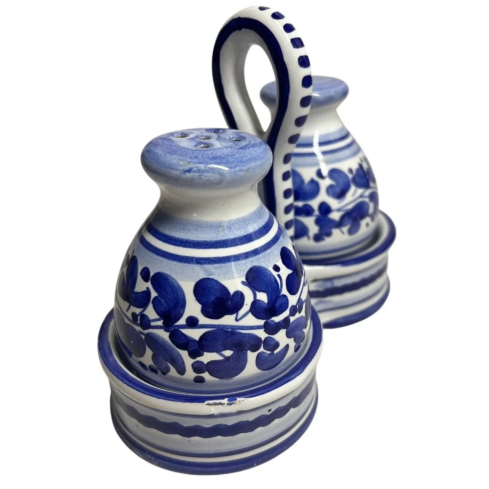 Vtg‎ Deruta Italian Pottery Salt Pepper Shakers w/ Caddy Blue White Majolica